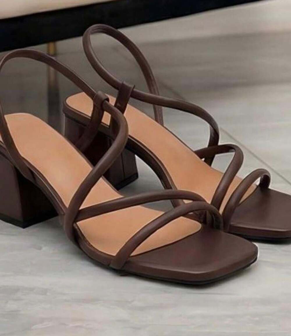 Brown Strappy Square Toe Block Heel Sandals